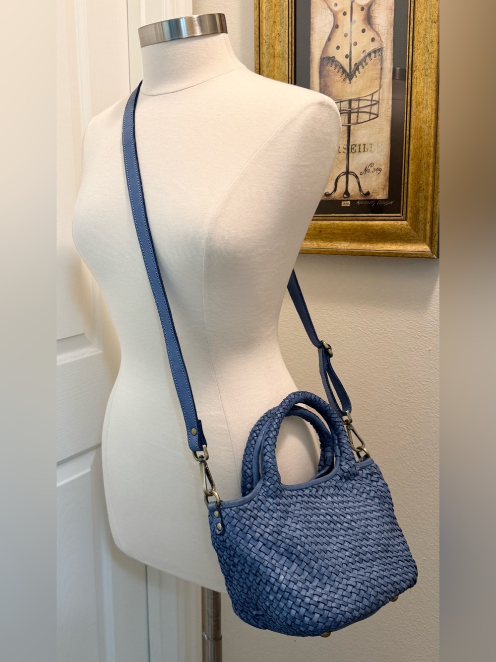 Genuine Italian Leather Woven Satchel Crossbody Blue GUC